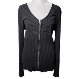 Belldini Black Ribbed Cardigan Sweater Rhinestone Full Zipper V-Neck Long Sleeve